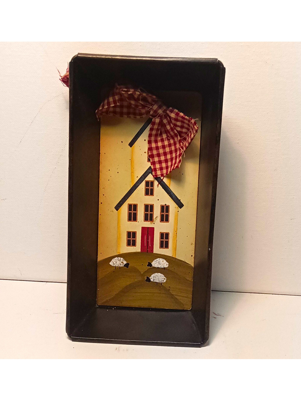 Country Farmhouse Decor Hand Painted House & Sheep Rustic Metal Bread Pan Plaque